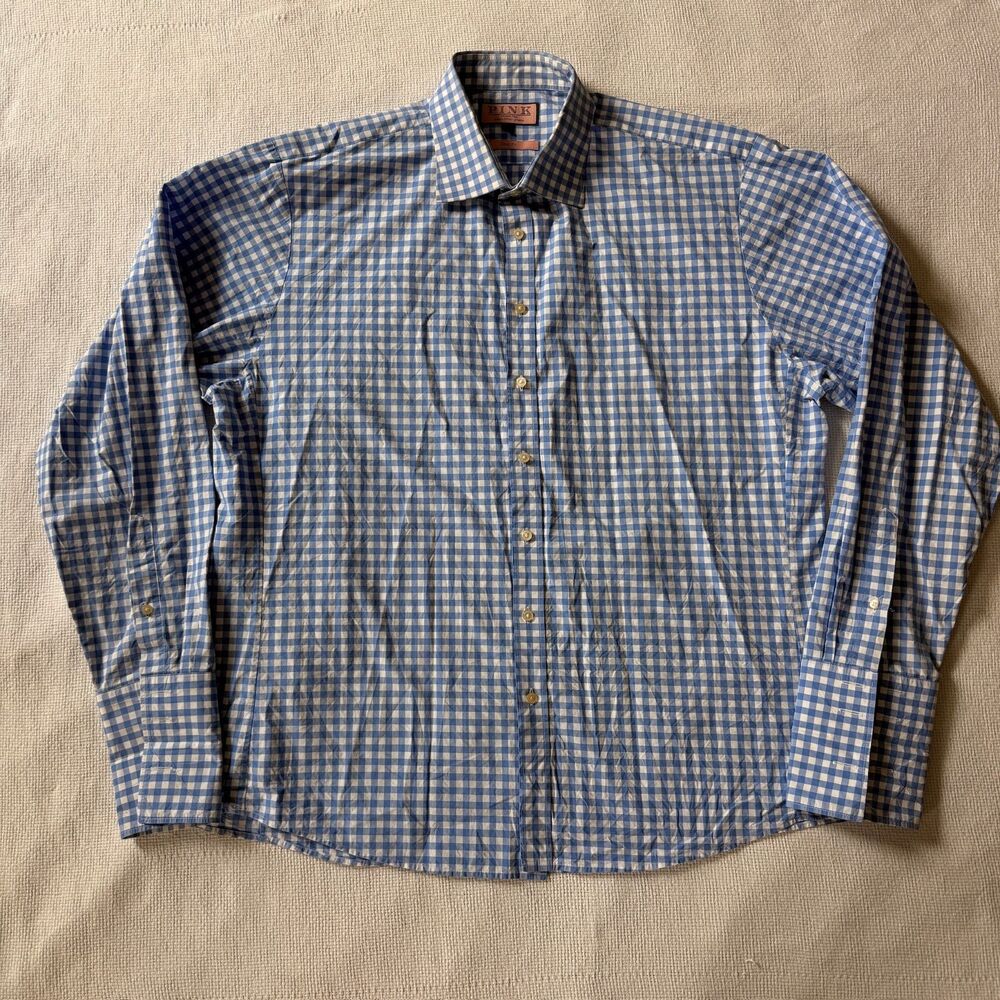 Thomas Pink Blue Gingham Cotton button down Shirt work wear casual menswear